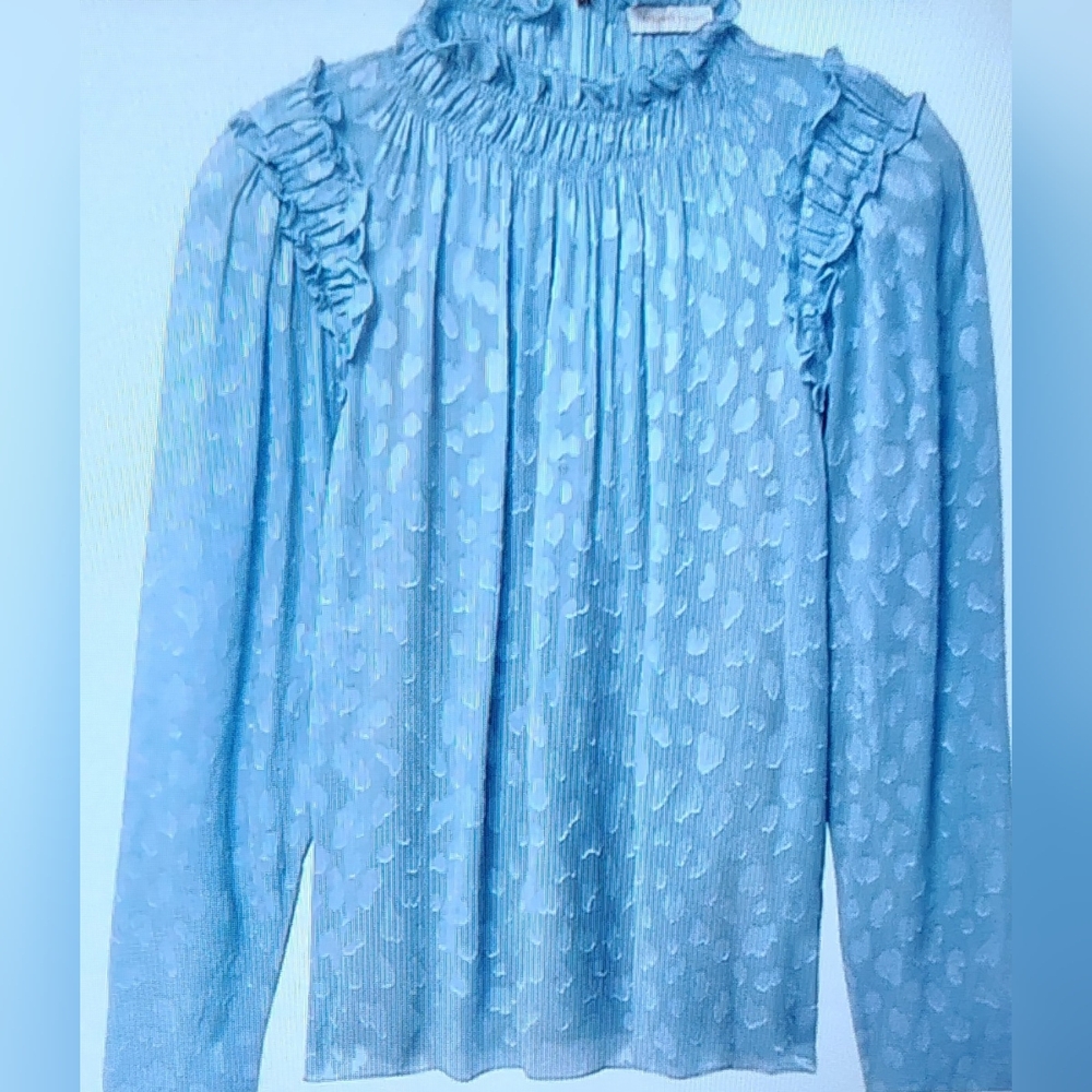 Rebecca Taylor Robin's Egg Blue Femme Shirred Ruffle Top Sz 14 - Picture 4 of 8